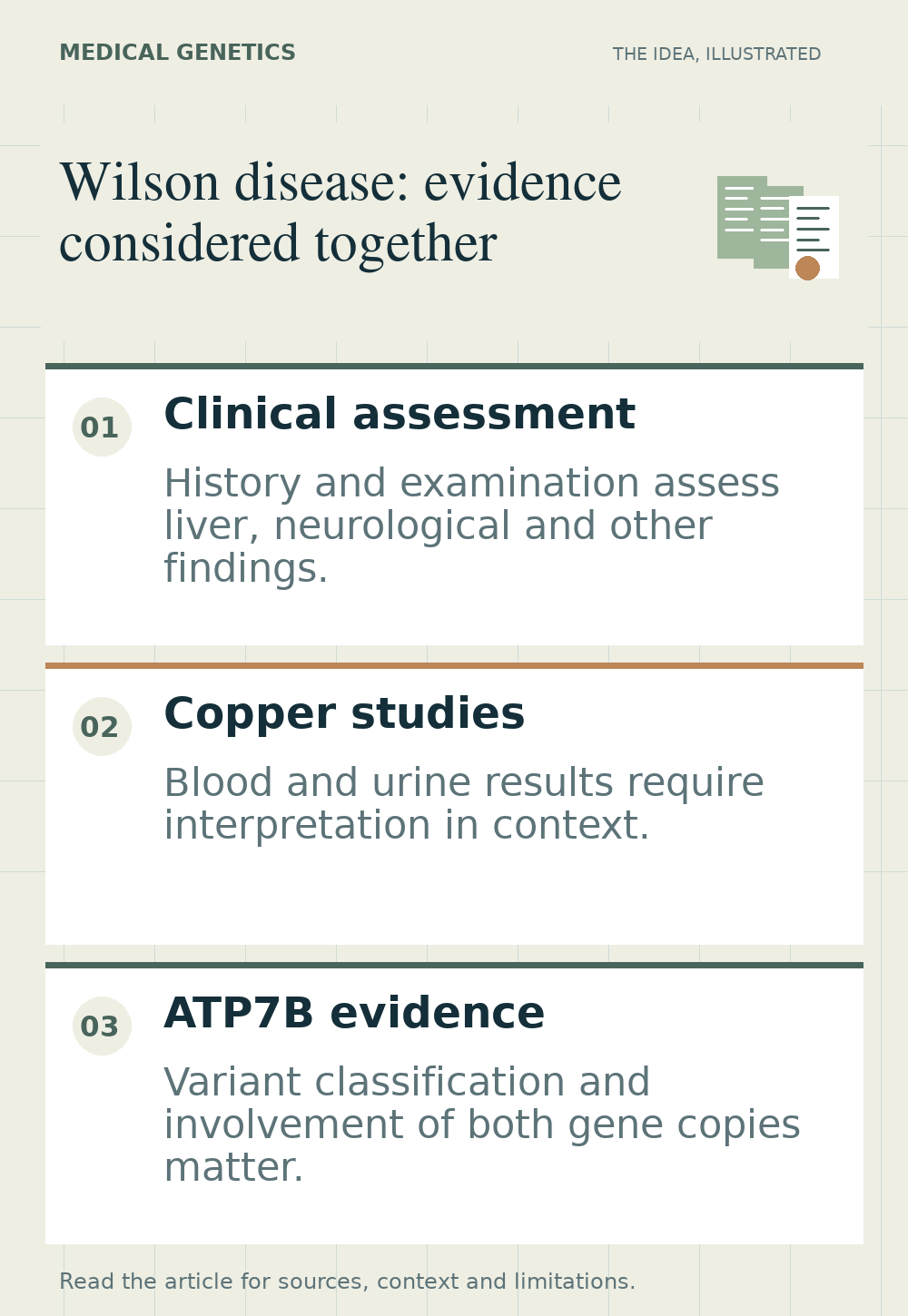Three equally weighted panels represent clinical assessment, copper studies and ATP7B interpretation, with no arrows or implied testing order.