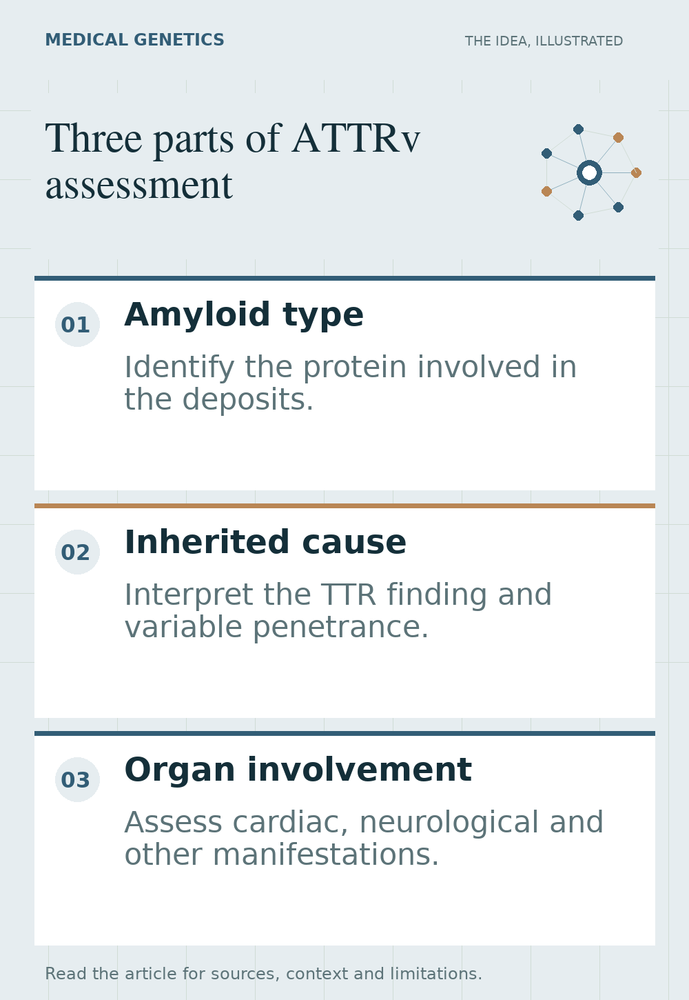 Three equally weighted panels showing protein fibrils, a TTR genetic finding, and heart and peripheral nerve symbols, with no directional arrows.