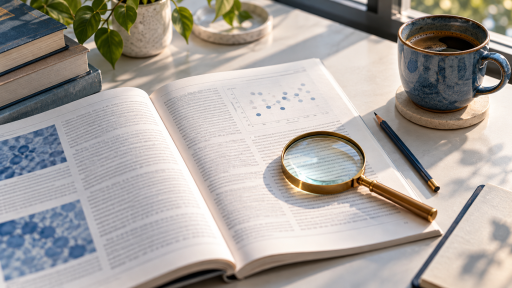 Editorial image of a journal and magnifying glass for reading research